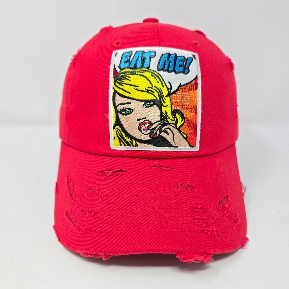 Distressed Eat Me Pop Art Comic Patch Baseball Cap Hat Adjustable Cotton Red